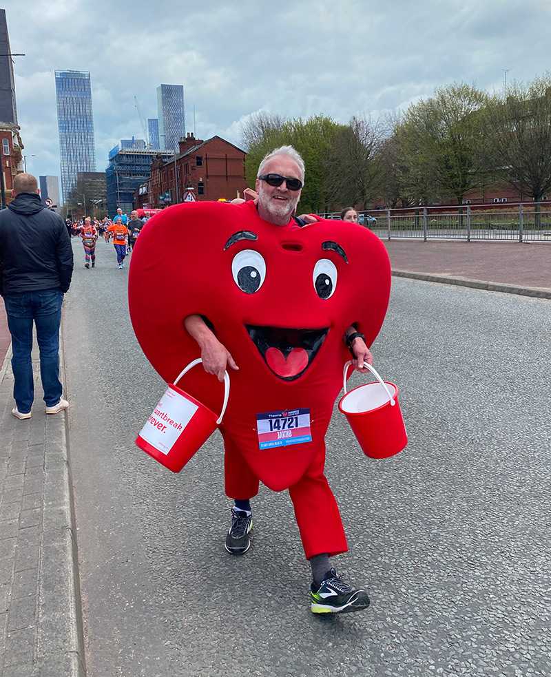 Steve Morgan, P&amp;A Group Managing Director, who ran the marathon wearing the British Heart Foundation mascot suit, Mr Hearty